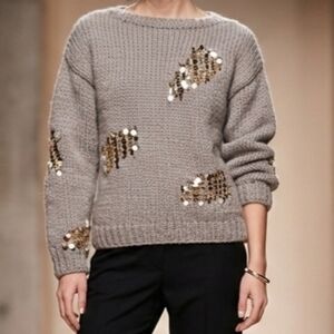 ZARA Mink Limited Edition Chunky Knit Sequin Distressed Sweater Taupe  Medium